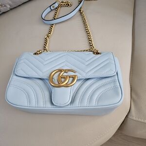 Light Blue Quilted Shoulder Bag with Gold Chain